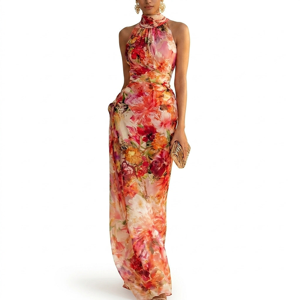 Robe maxi femme avec motif floral et décolleté halter