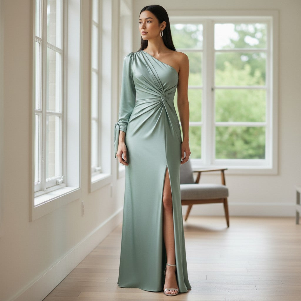 Robe maxi femme avec décolleté asymétrique et détail noué