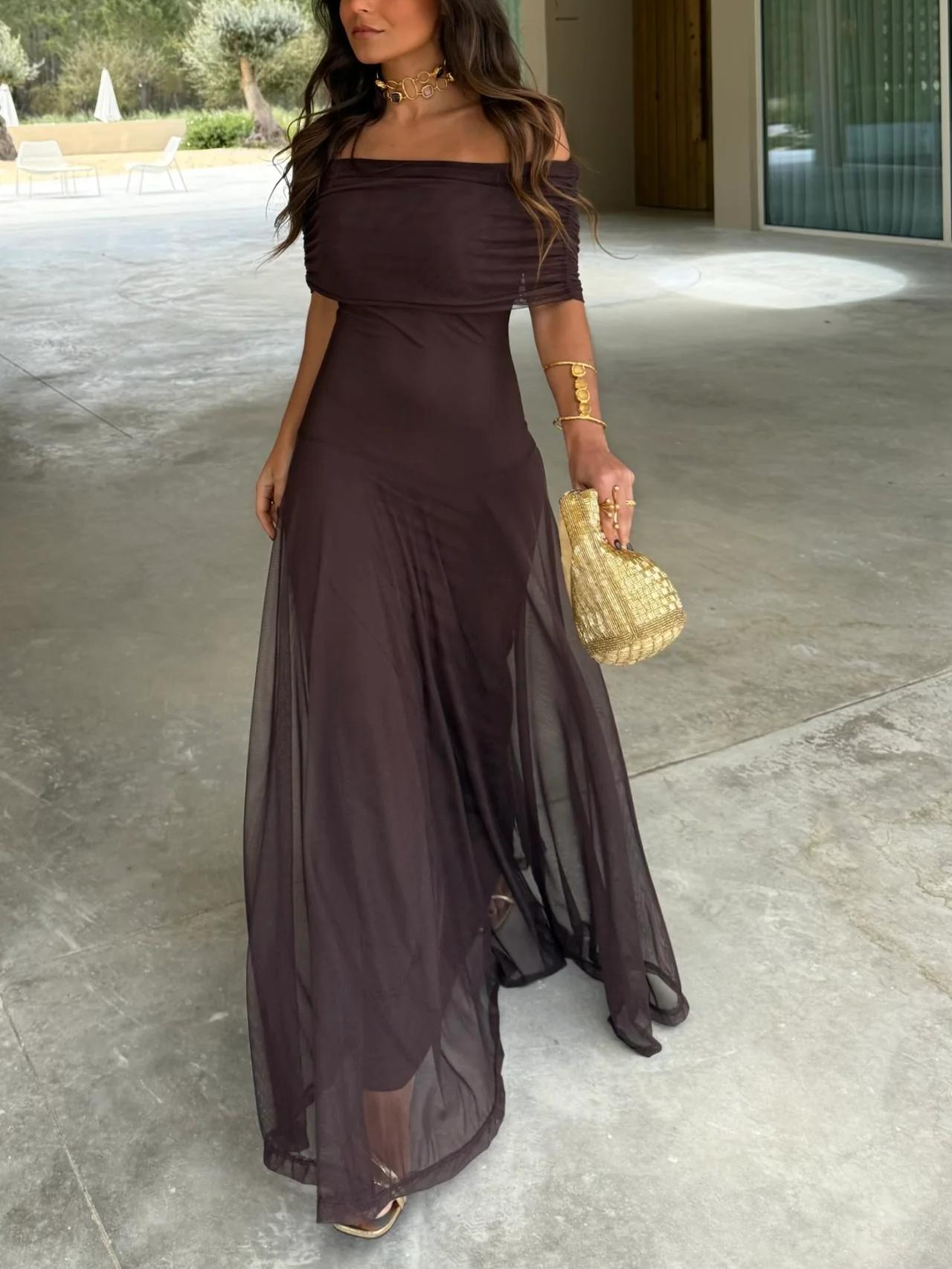 Robe maxi femme avec superposition en mesh sans manches