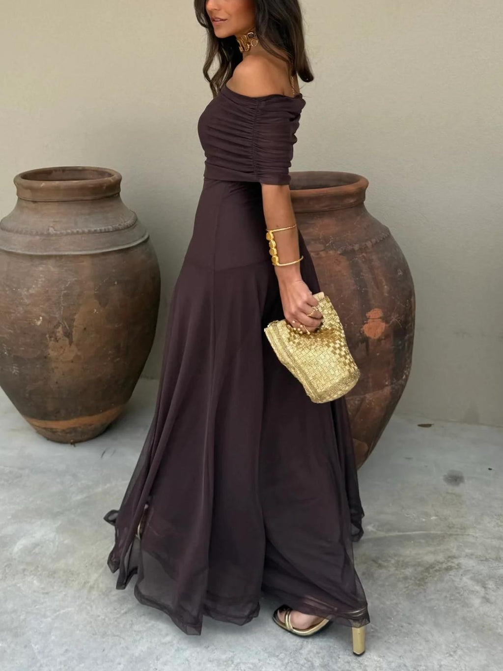 Robe maxi femme avec superposition en mesh sans manches