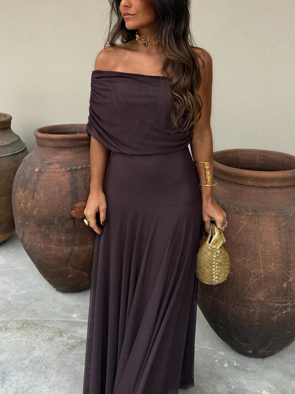 Robe maxi femme avec superposition en mesh sans manches