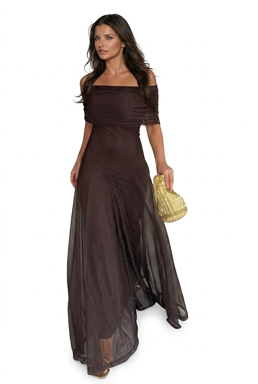 Robe maxi femme avec superposition en mesh sans manches