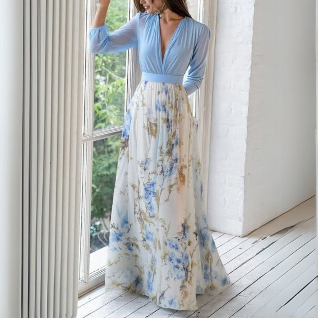 Robe maxi femme avec décolleté en V et manches longues