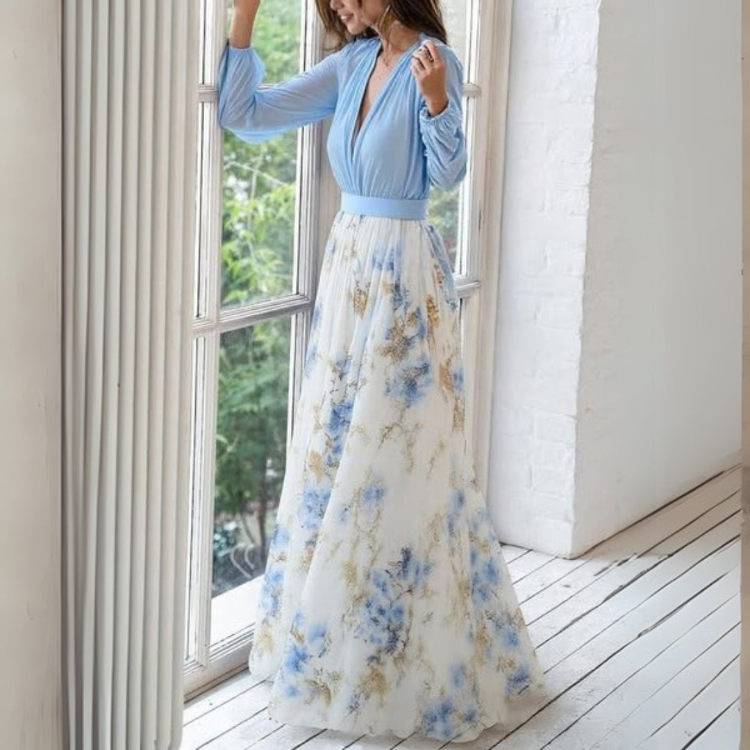 Robe maxi femme avec décolleté en V et manches longues