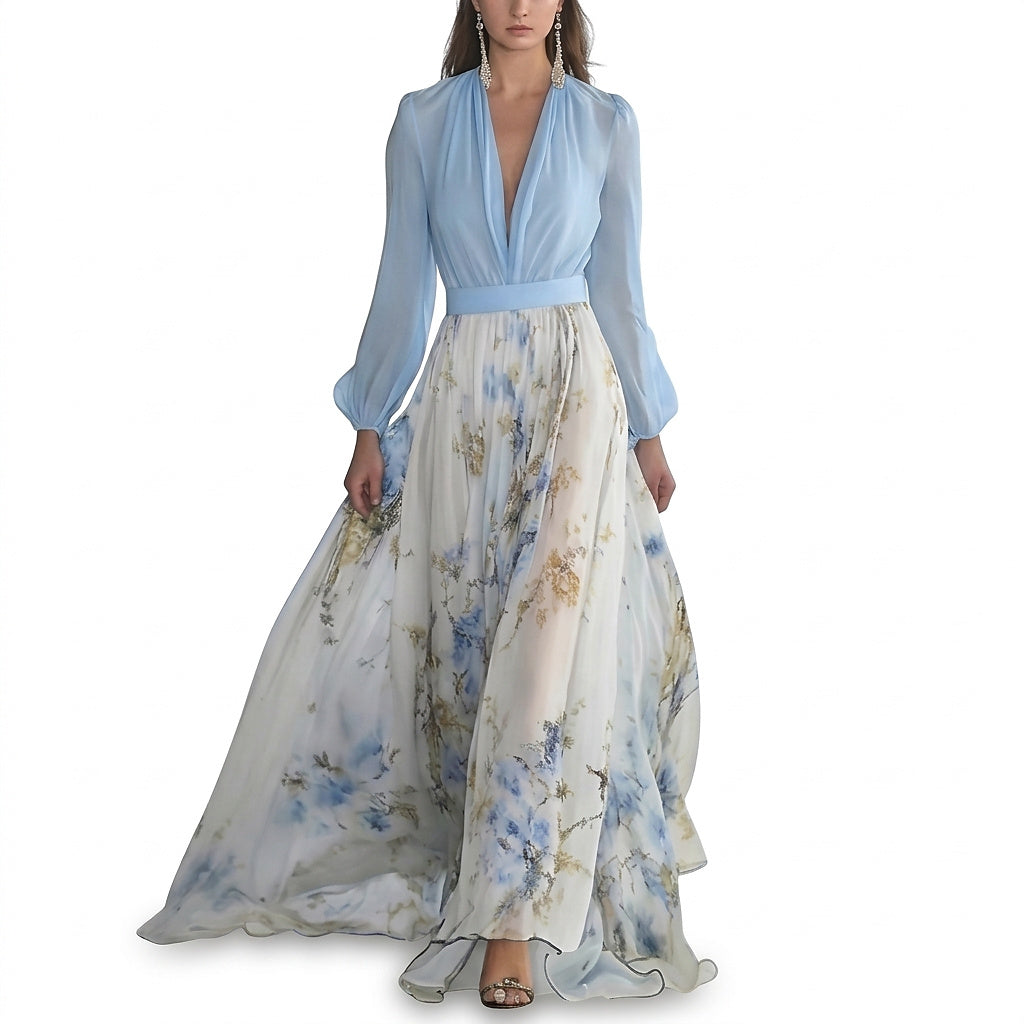 Robe maxi femme avec décolleté en V et manches longues