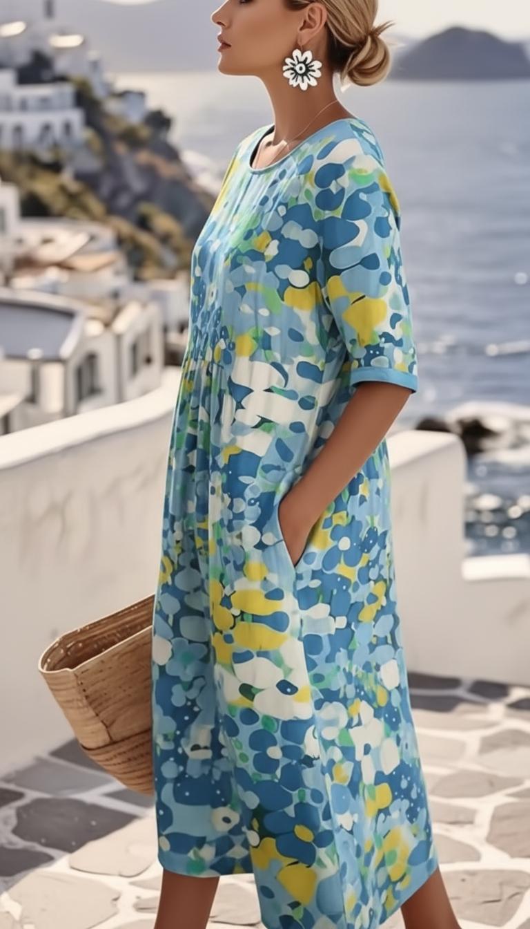 Robe midi femme avec imprimé abstrait et manches courtes