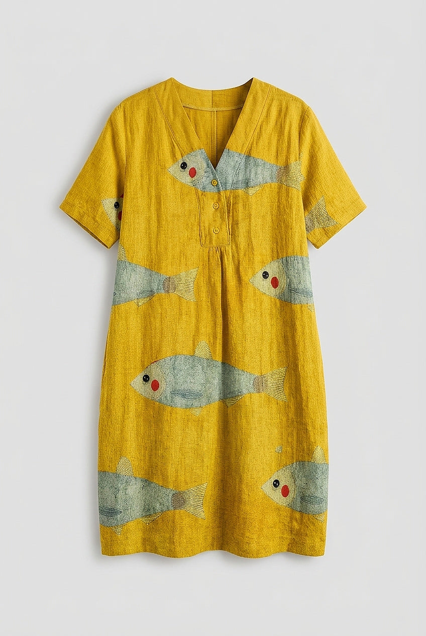 Robe Midi Femme avec Imprimé Poisson et Décolleté en V