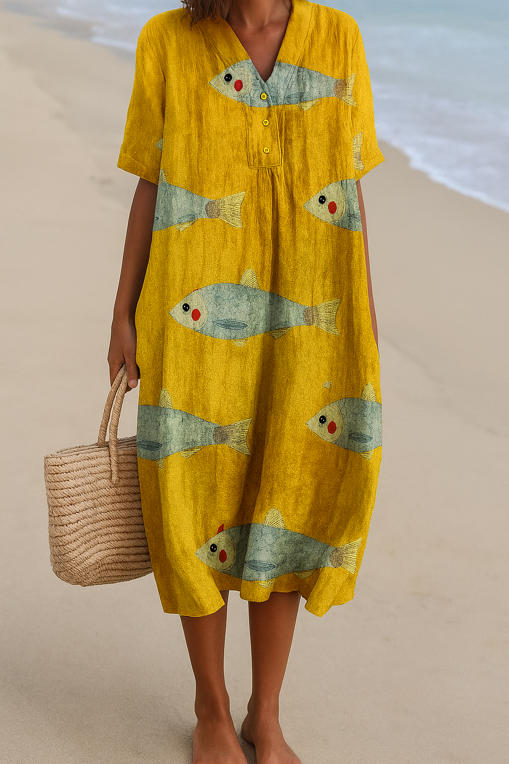 Robe Midi Femme avec Imprimé Poisson et Décolleté en V