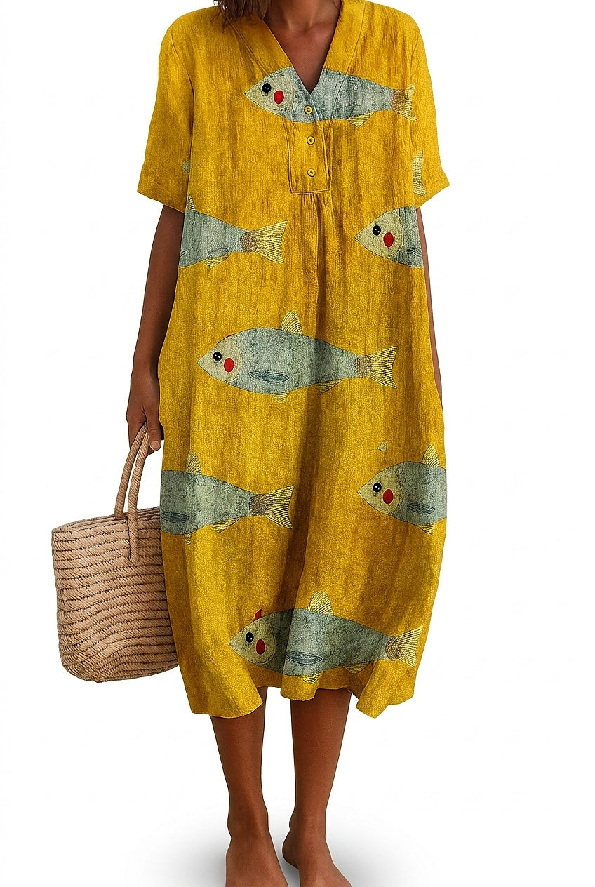 Robe Midi Femme avec Imprimé Poisson et Décolleté en V