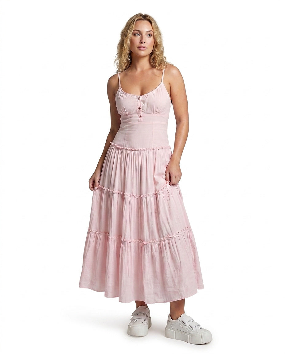 Robe midi femme avec jupe à volants et bretelles spaghetti