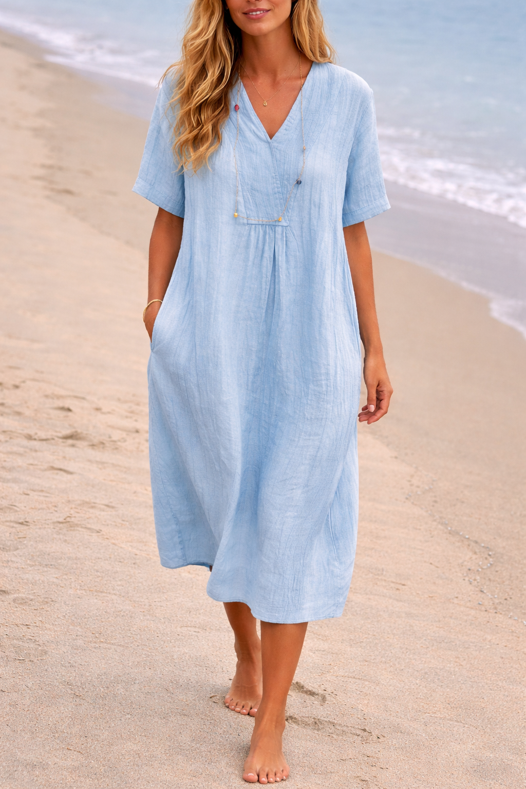 Robe midi femme avec décolleté en V et poches latérales