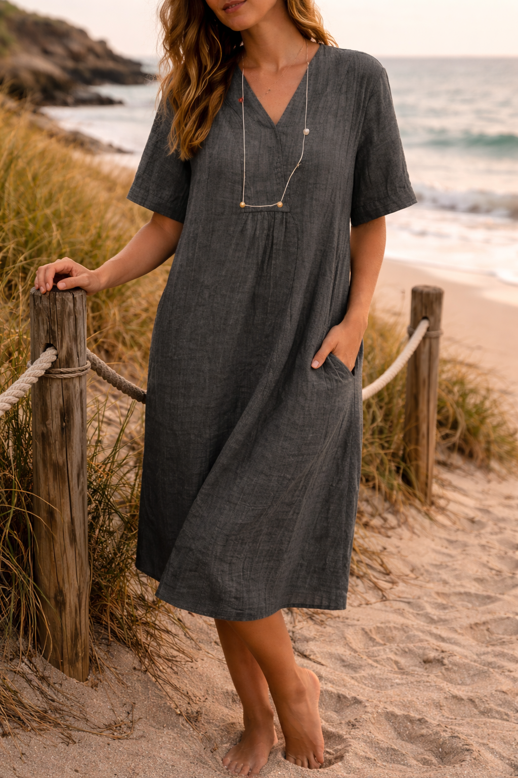 Robe midi femme avec décolleté en V et poches latérales