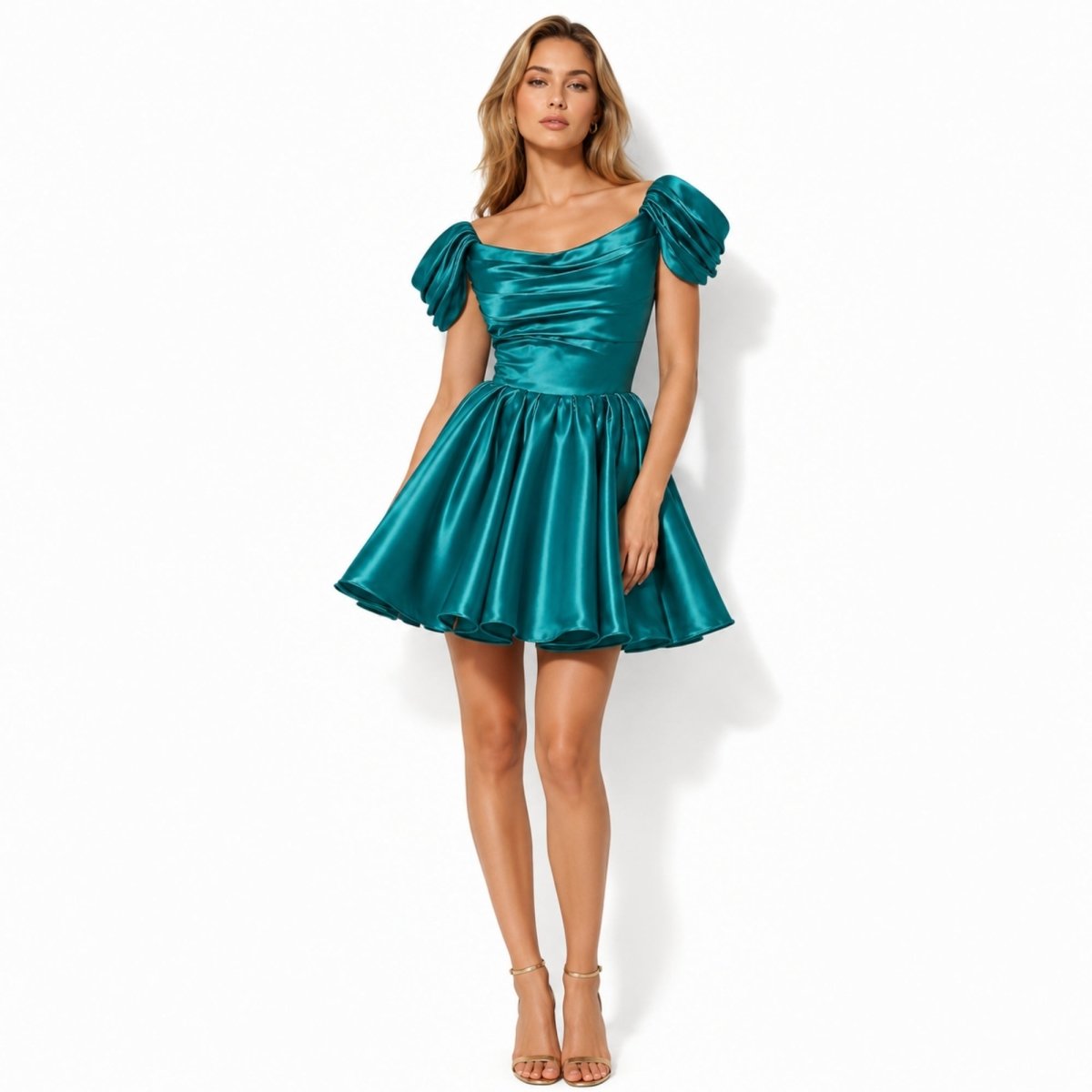 Robe mini en satin avec décolleté bardot