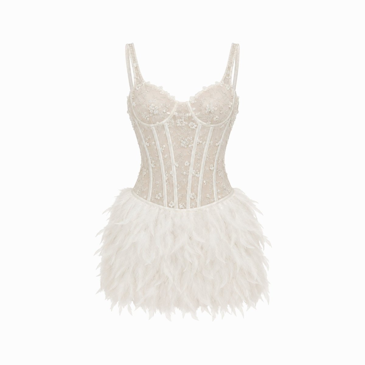 Robe mini en style corset avec ornements en plumes