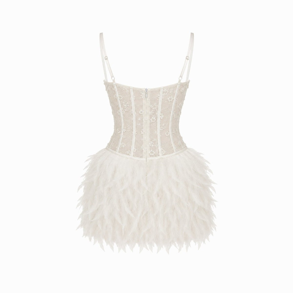 Robe mini en style corset avec ornements en plumes
