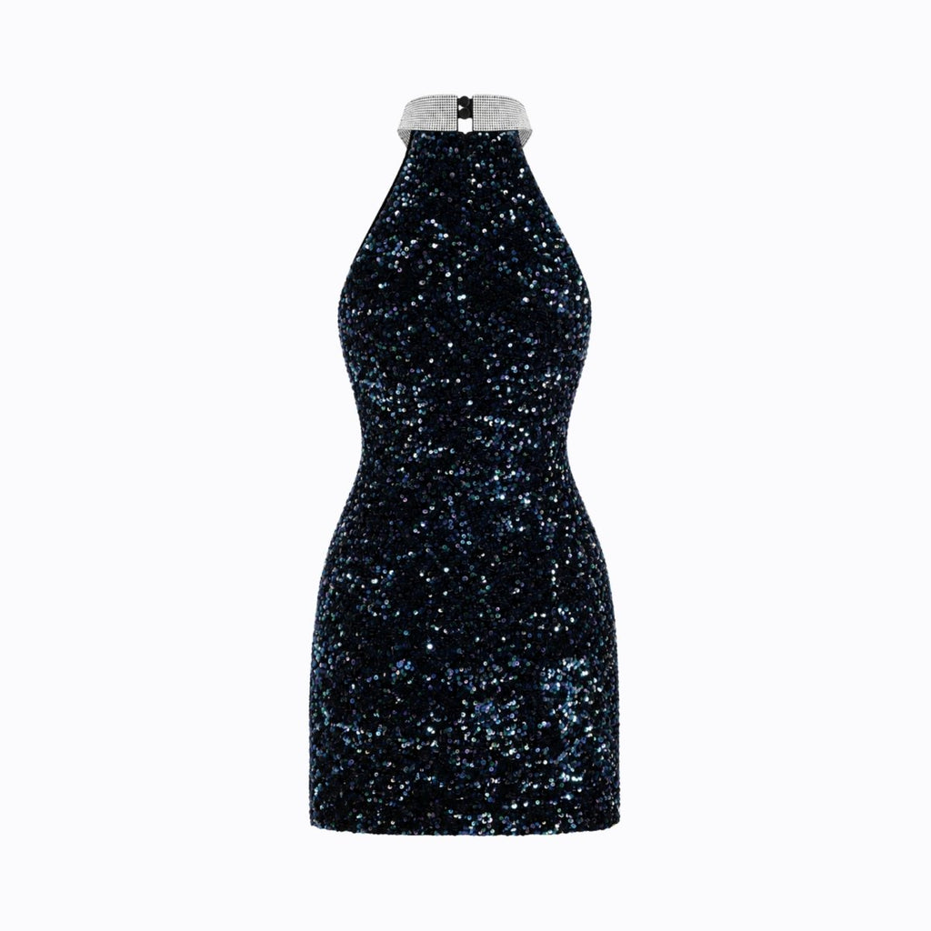 Robe mini femme avec ornements en sequins et col halter