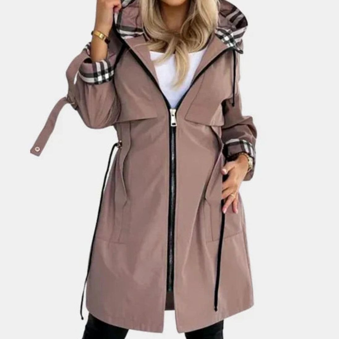 Amelie | Manteau Trench Moderne Femme avec Capuche, Fermeture Éclair et Ceinture à la Taille