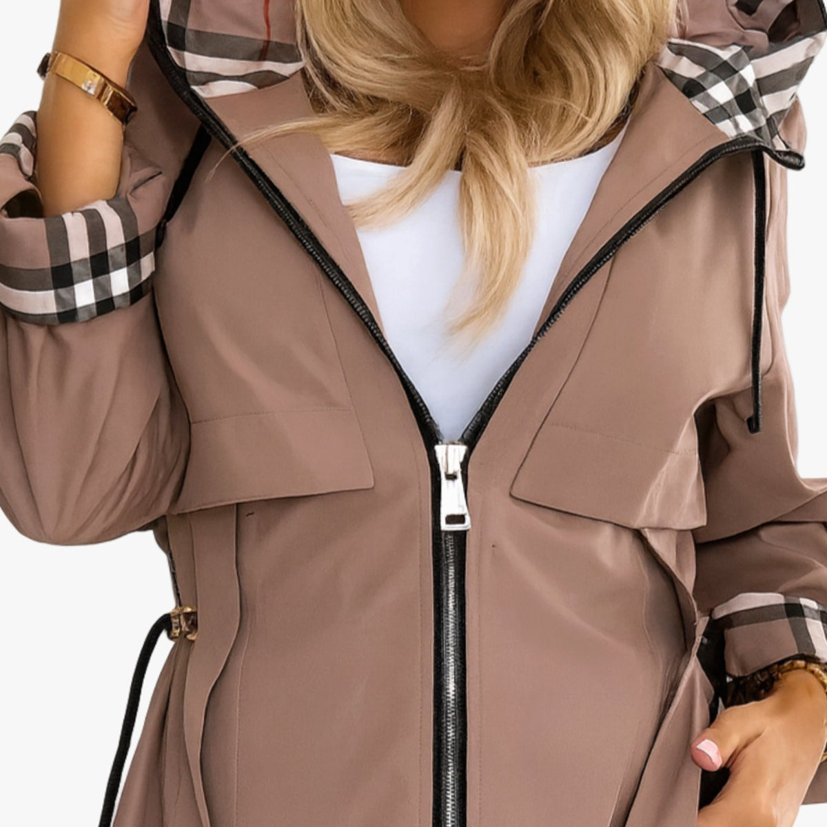 Amelie | Manteau Trench Moderne Femme avec Capuche, Fermeture Éclair et Ceinture à la Taille