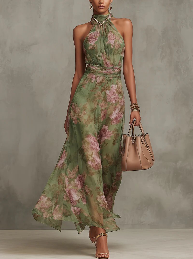 Marie | Robe Maxi Chiffon à Dos Nu pour Femmes avec Imprimé Floral