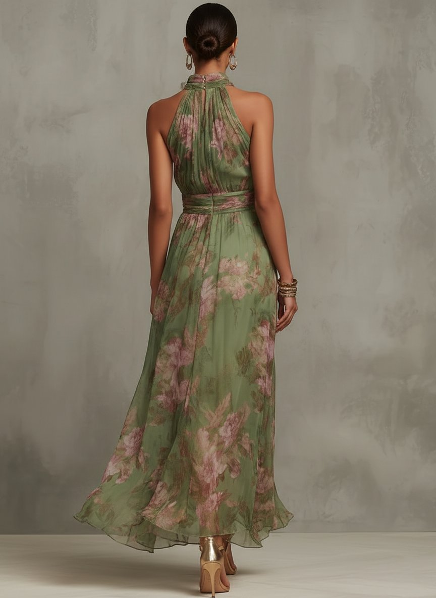 Marie | Robe Maxi Chiffon à Dos Nu pour Femmes avec Imprimé Floral