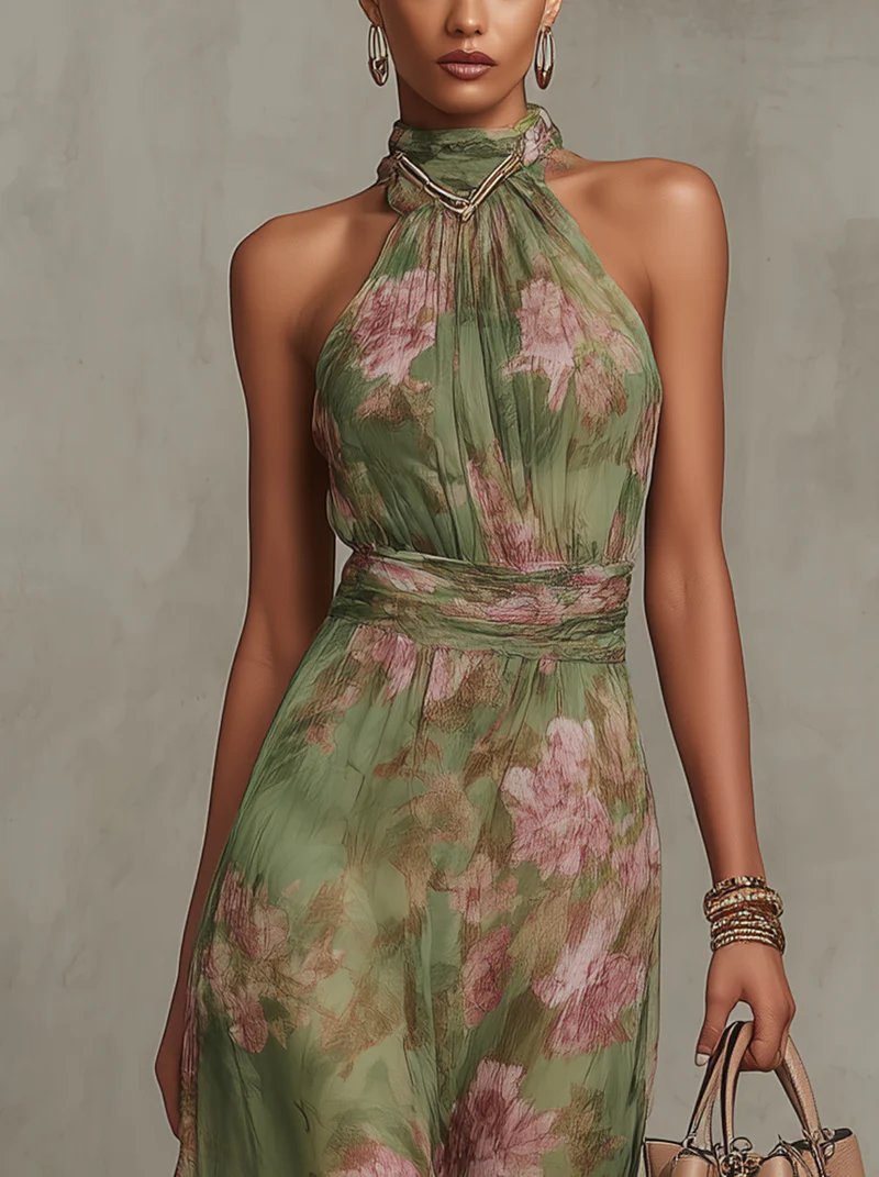 Marie | Robe Maxi Chiffon à Dos Nu pour Femmes avec Imprimé Floral