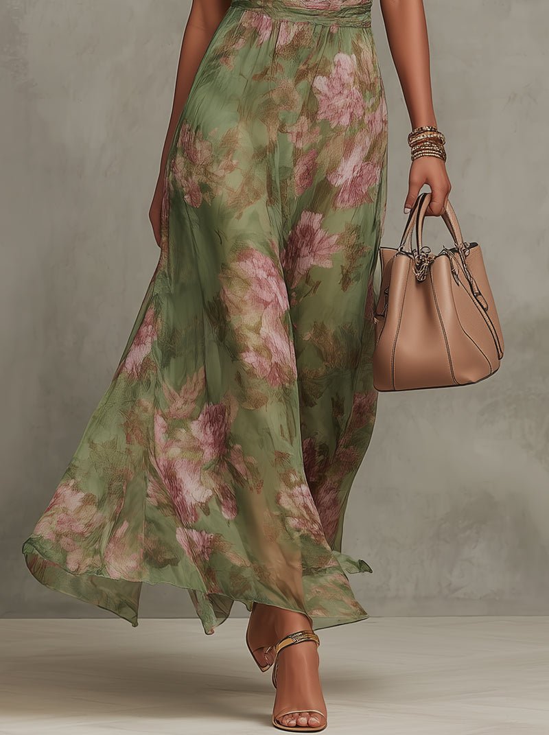 Marie | Robe Maxi Chiffon à Dos Nu pour Femmes avec Imprimé Floral