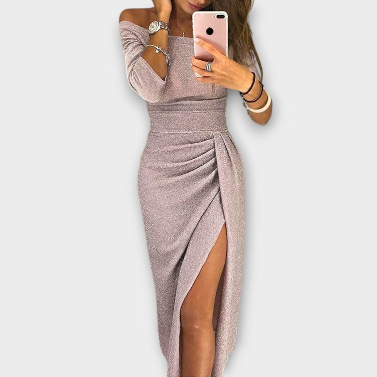 Nora | Robe de cocktail femme décolletée, robe midi ajustée avec fente