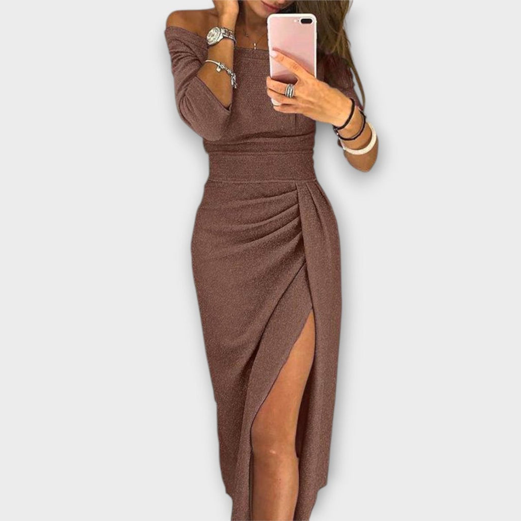 Nora | Robe de cocktail femme décolletée, robe midi ajustée avec fente