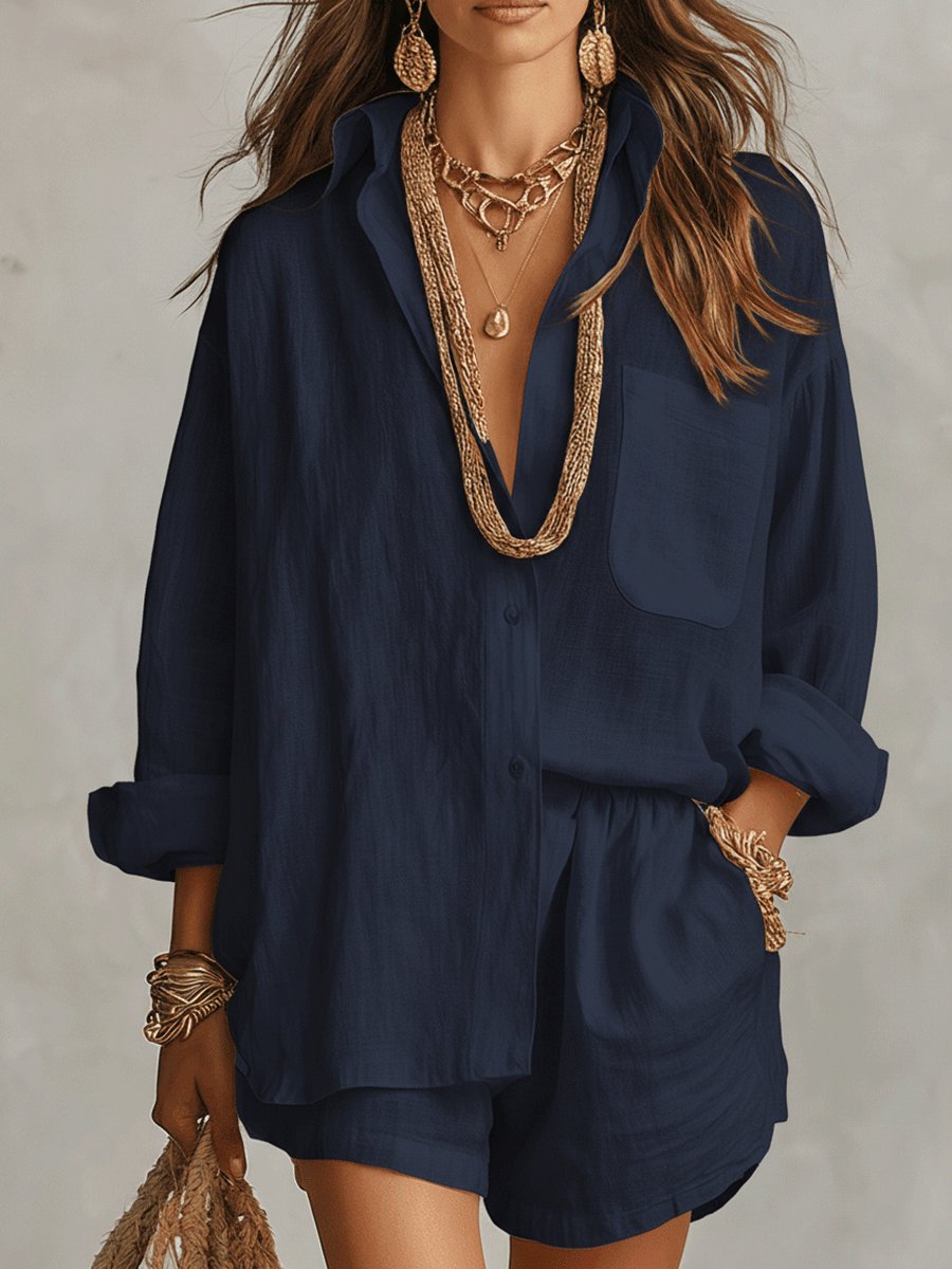 Emilia | Ensemble de chemise oversize en lin pour femmes avec shorts, tenue deux pièces