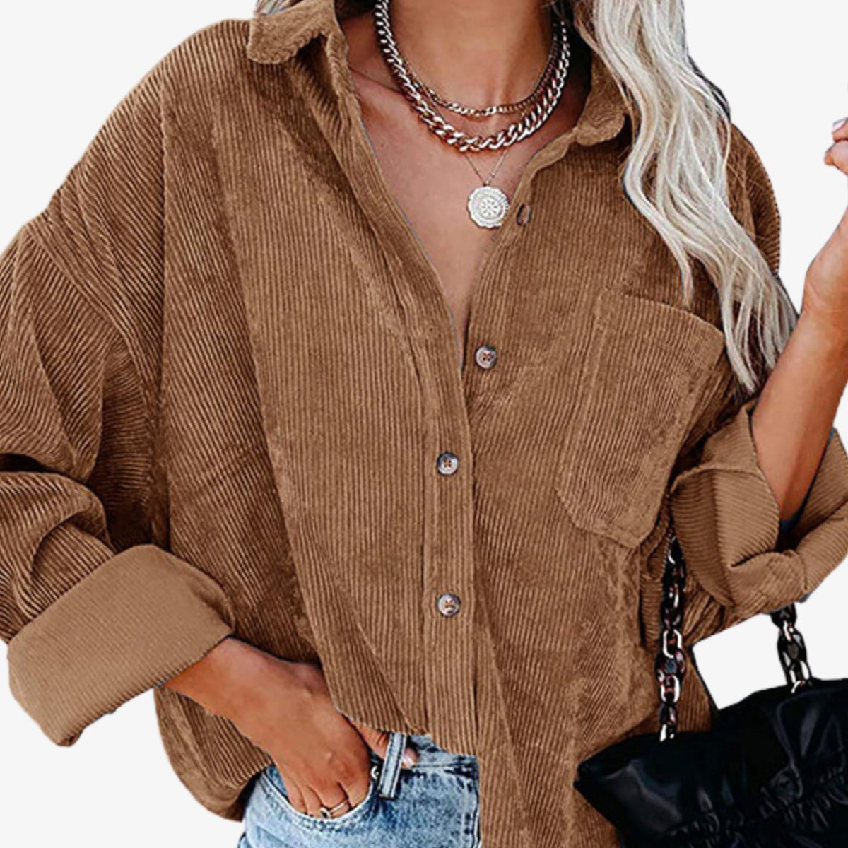 Katharina | Veste Chemise Oversized en Velours Côtelé pour Femmes avec Poche Poitrine et Boutonnage