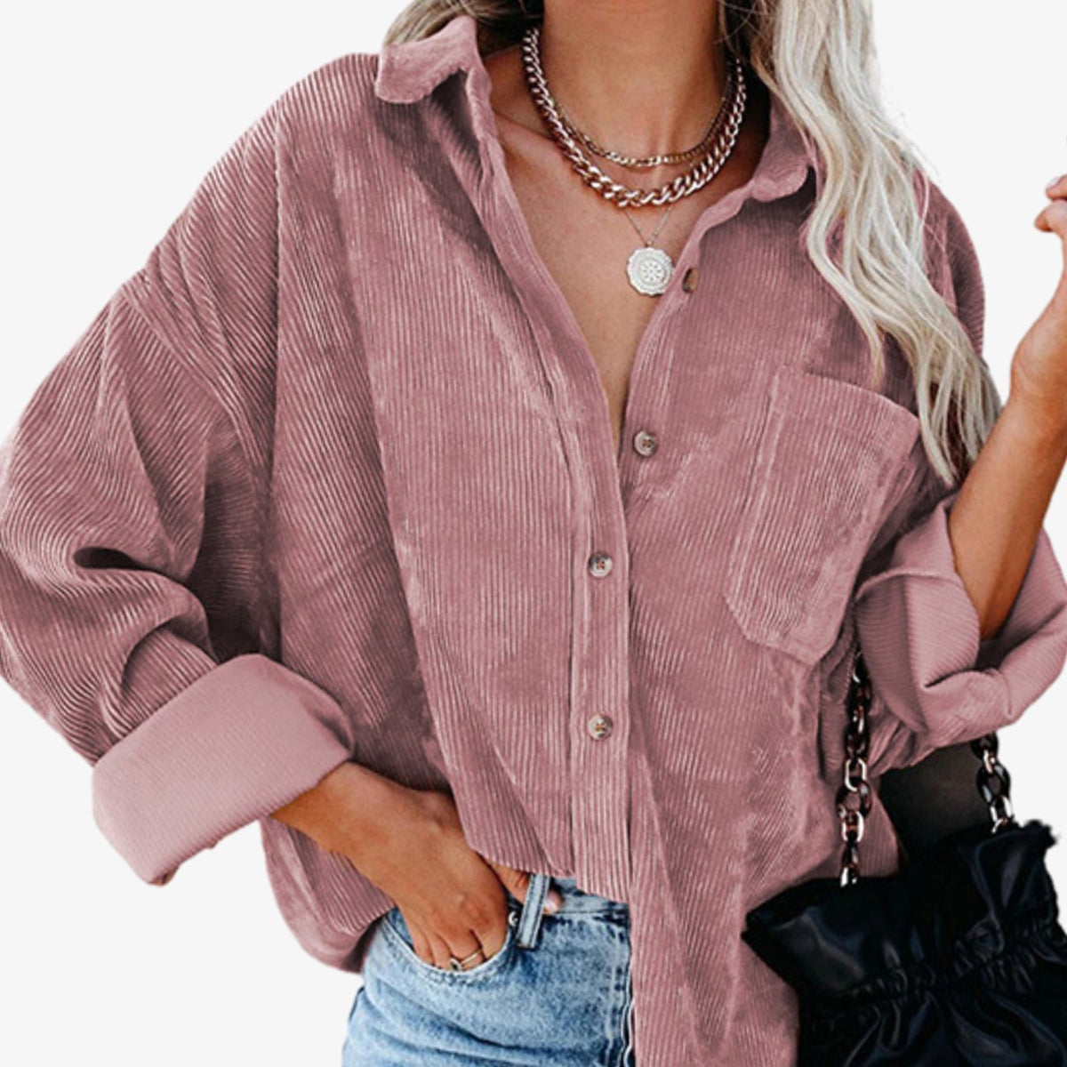 Katharina | Veste Chemise Oversized en Velours Côtelé pour Femmes avec Poche Poitrine et Boutonnage