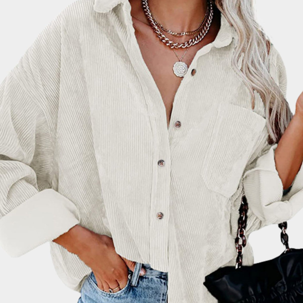 Katharina | Veste Chemise Oversized en Velours Côtelé pour Femmes avec Poche Poitrine et Boutonnage