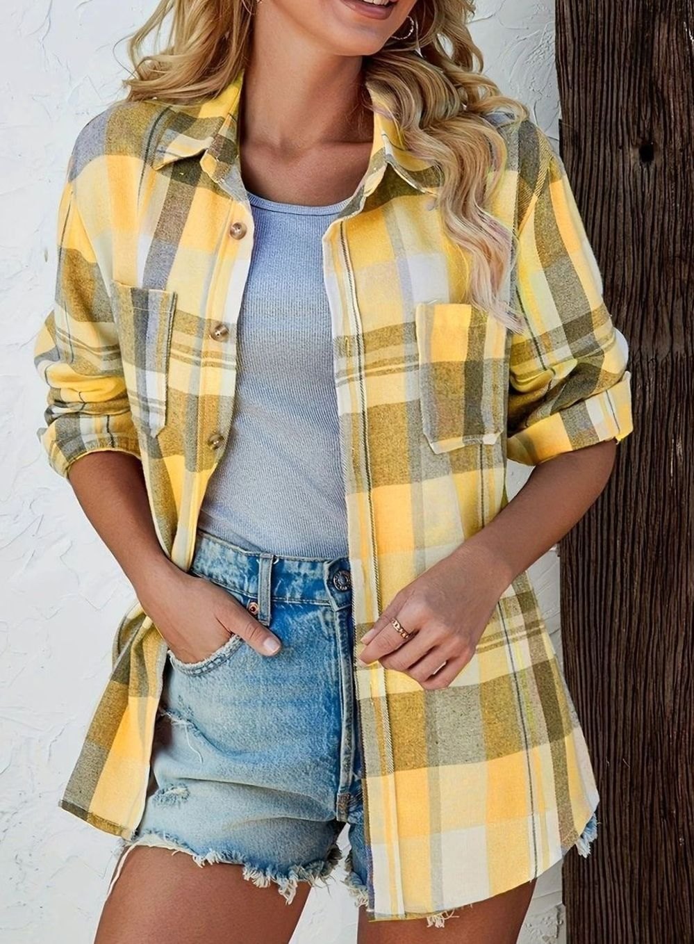 Annika | Chemise en flanelle à carreaux oversize pour femmes avec boutons et poches poitrine