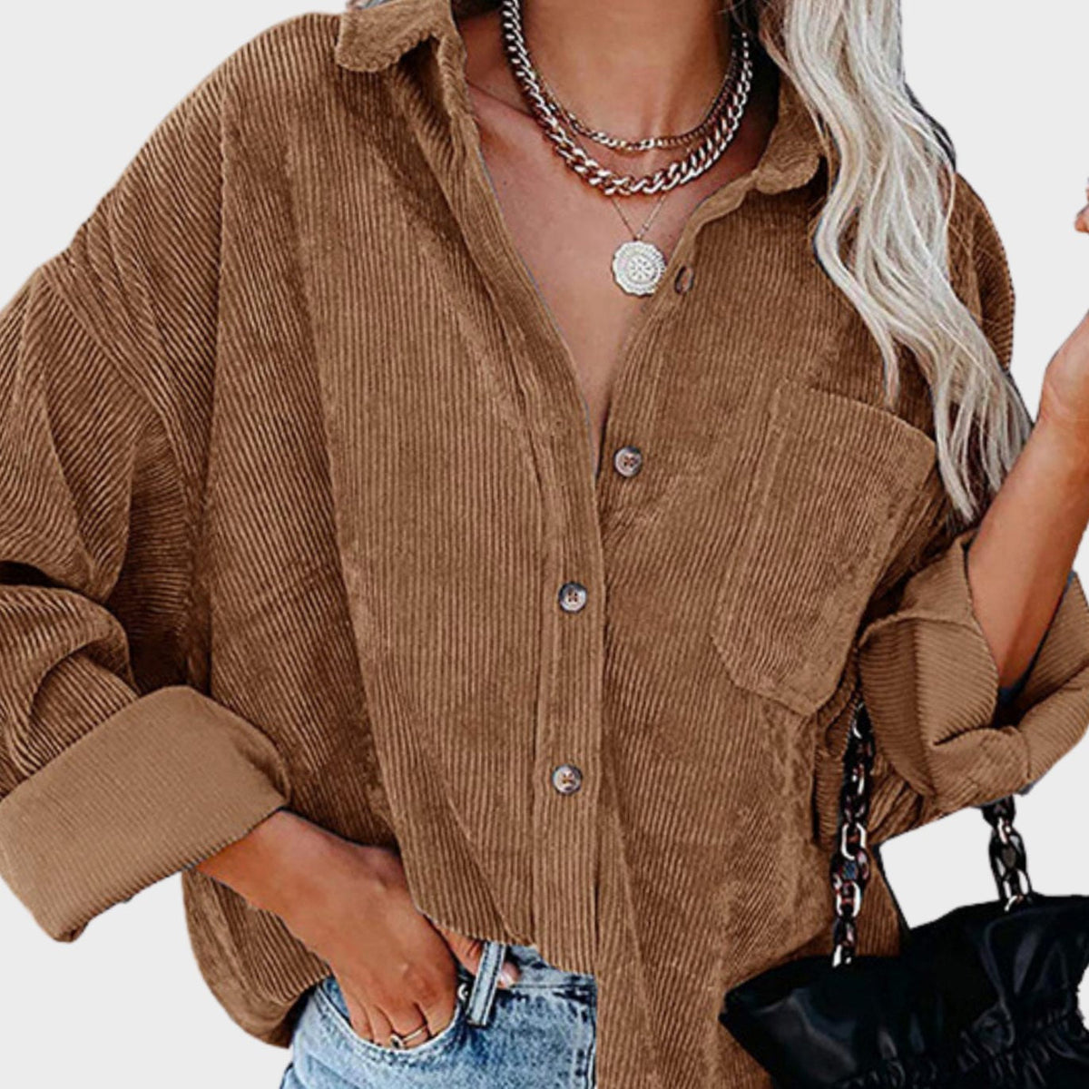Sophie | Veste oversize en velours côtelé pour femmes avec poche poitrine et patte de boutonnage