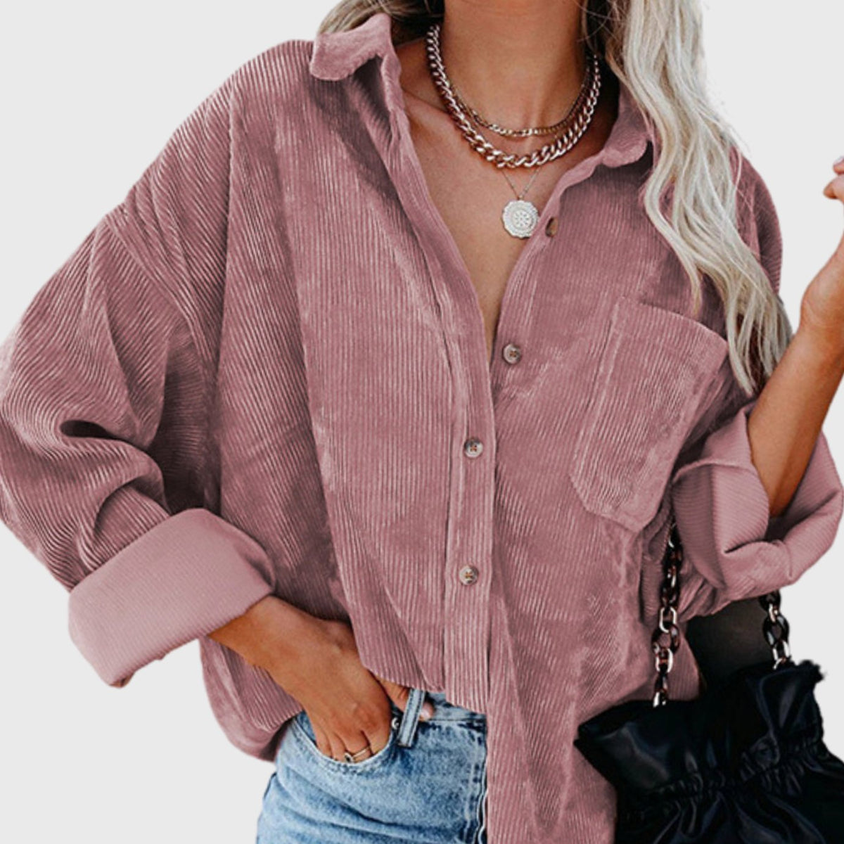Sophie | Veste oversize en velours côtelé pour femmes avec poche poitrine et patte de boutonnage