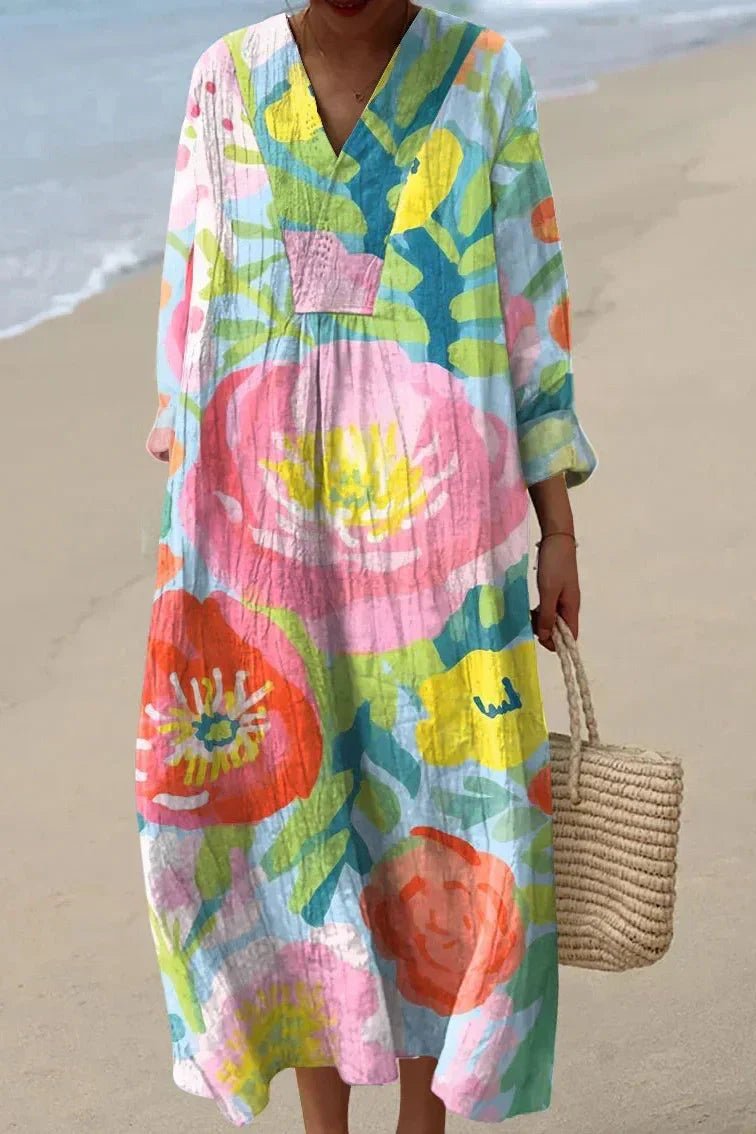 Elfriede | Robe Maxi en Lin Oversize pour Femmes avec Imprimé Floral et Décolleté en V