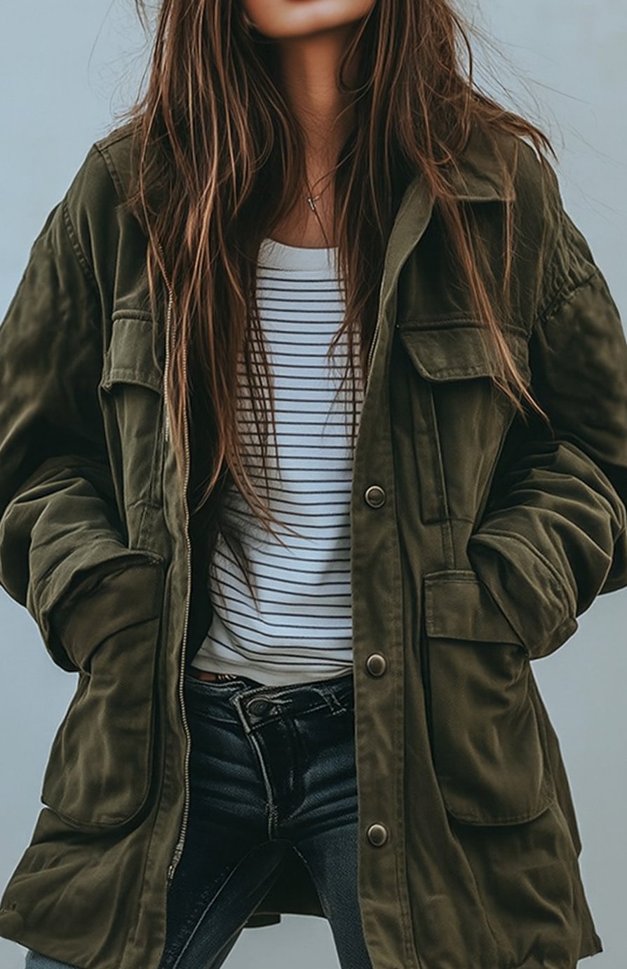Amelie | Veste utilitaire oversize pour femmes avec patte de boutonnage, veste de transition
