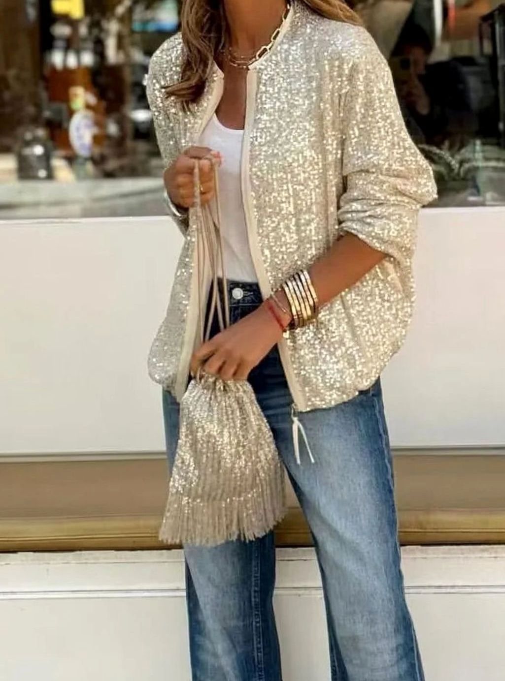 Hannah | Veste Blouson à Paillettes pour Femmes avec Fermeture Éclair à Manches Longues