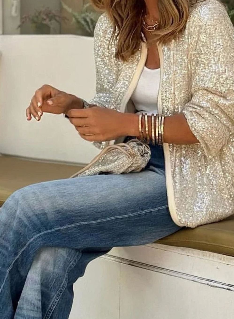 Hannah | Veste Blouson à Paillettes pour Femmes avec Fermeture Éclair à Manches Longues