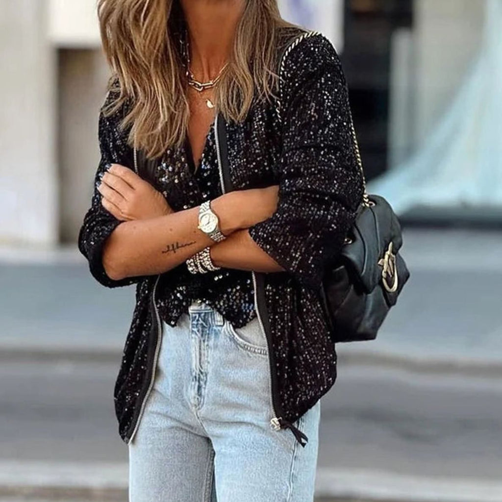 Hannah | Veste Blouson à Paillettes pour Femmes avec Fermeture Éclair à Manches Longues