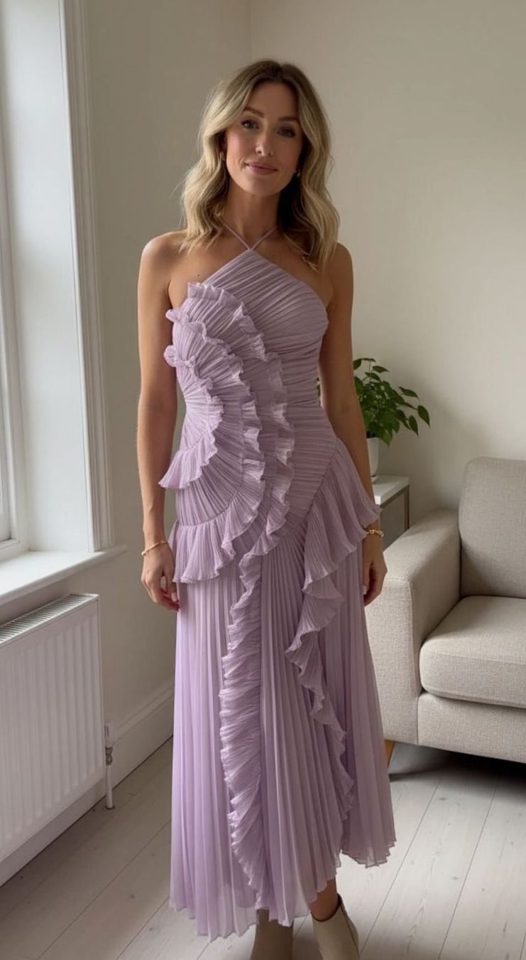 Charlotte | Robe Maxi Plissée Femme avec Volants et Col Croisé