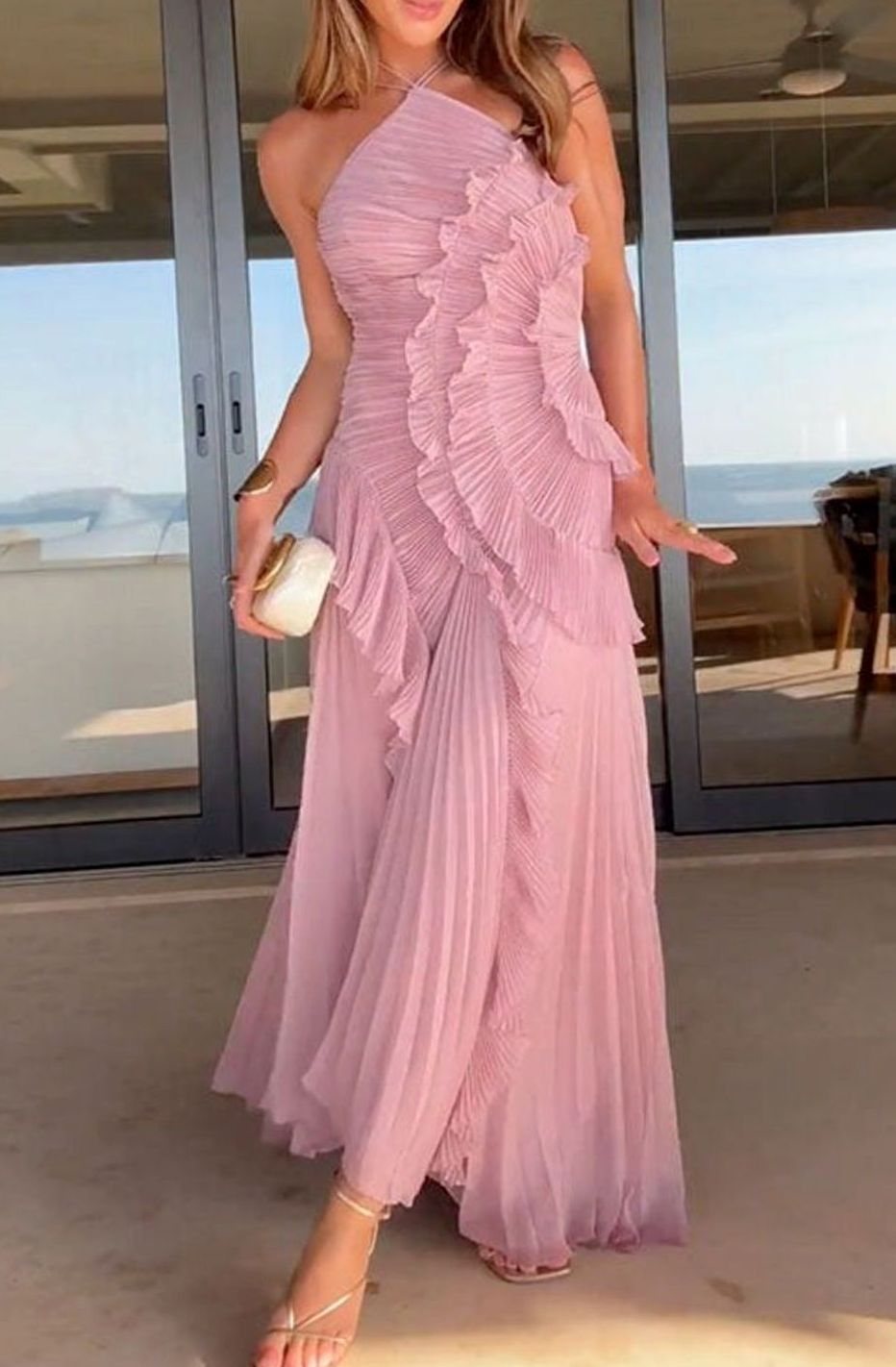Charlotte | Robe Maxi Plissée Femme avec Volants et Col Croisé