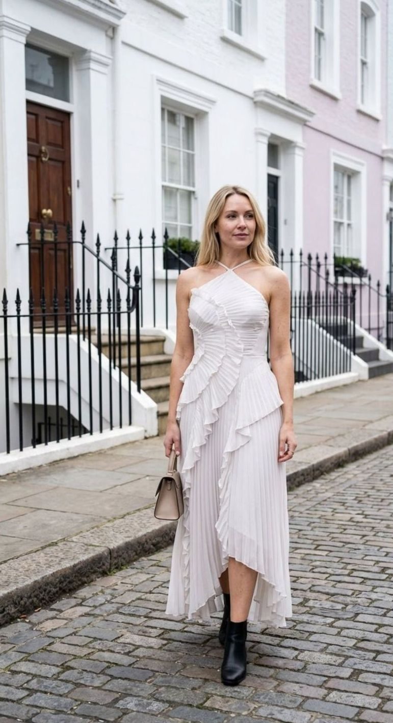 Charlotte | Robe Maxi Plissée Femme avec Volants et Col Croisé