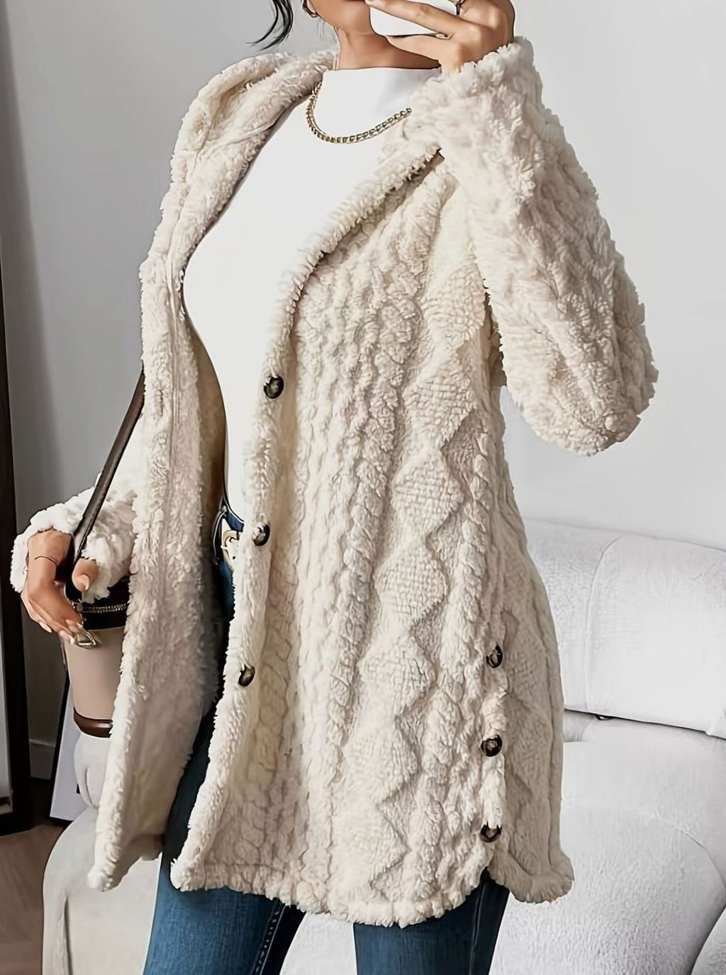 Johanna | Veste en peluche pour femmes avec capuche et boutons, mi-longue