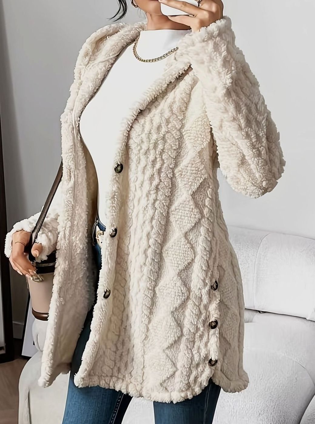Johanna | Veste en peluche pour femmes avec capuche et boutons, mi-longue