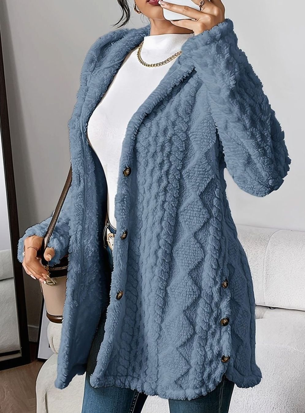 Johanna | Veste en peluche pour femmes avec capuche et boutons, mi-longue