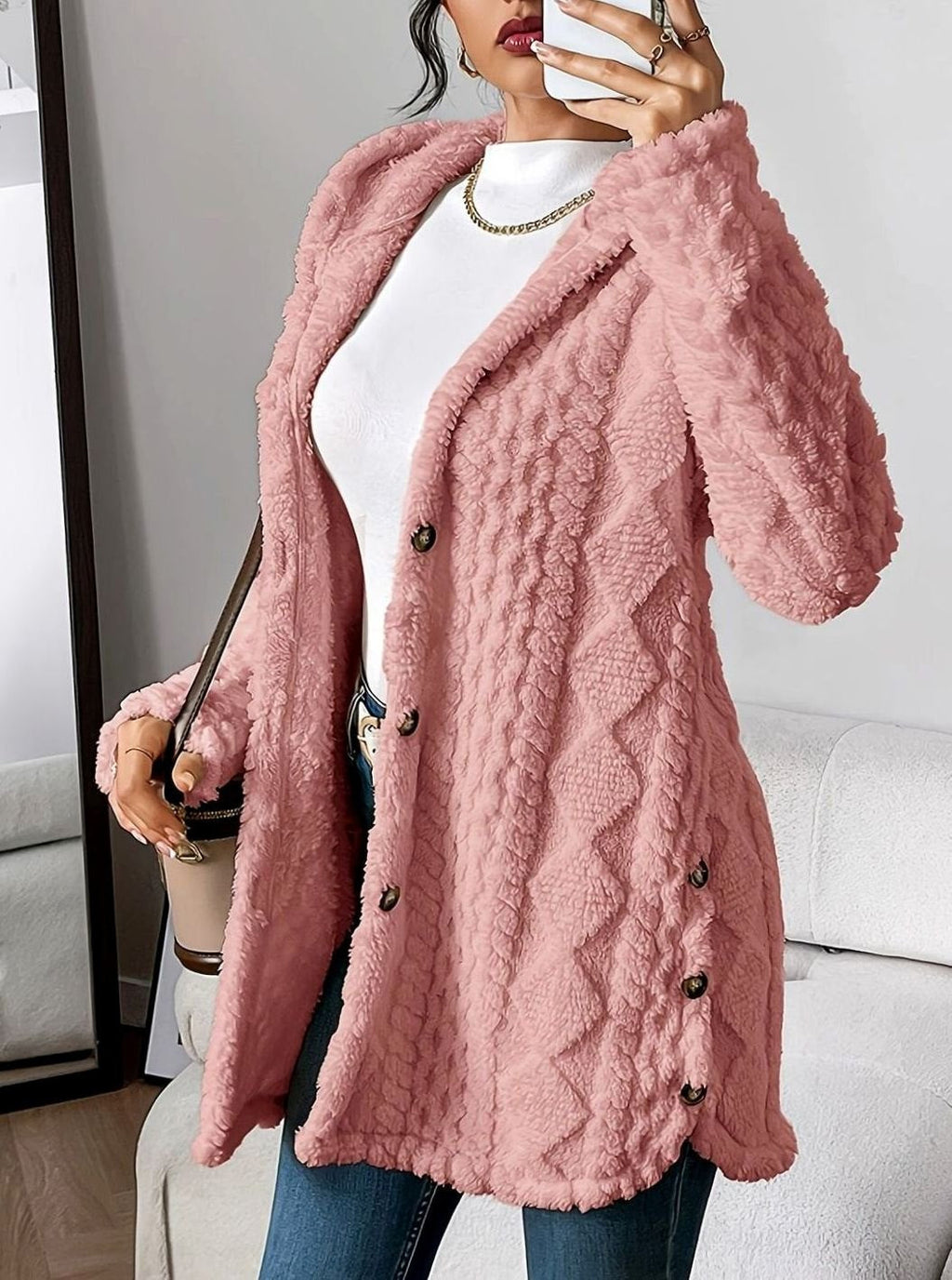 Johanna | Veste en peluche pour femmes avec capuche et boutons, mi-longue