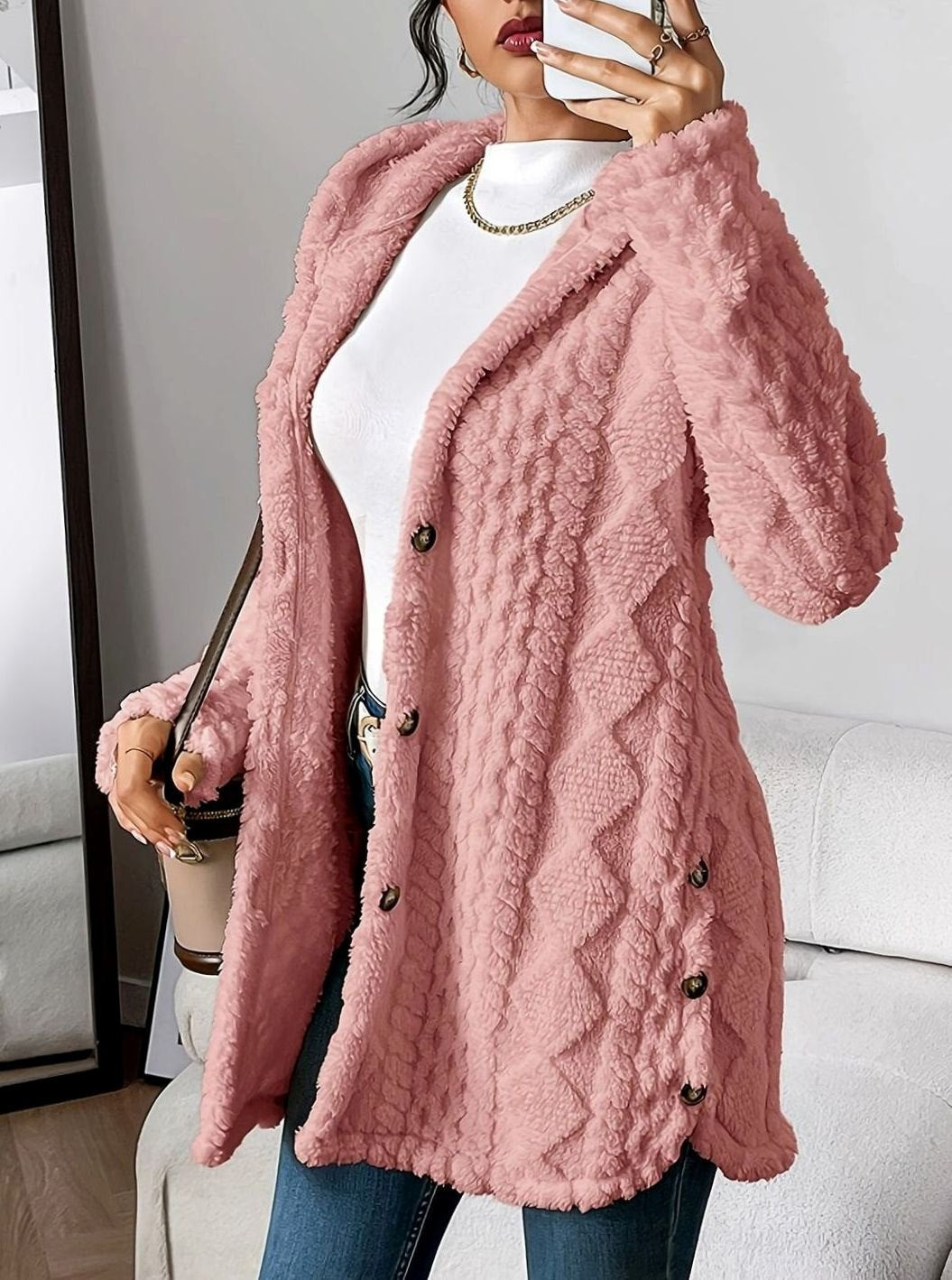Johanna | Veste en peluche pour femmes avec capuche et boutons, mi-longue