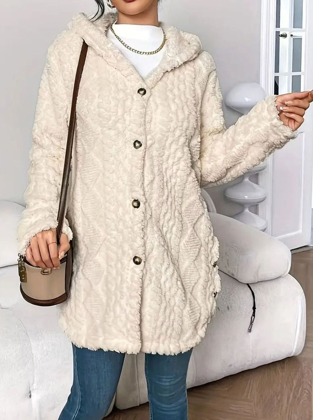 Johanna | Veste en peluche pour femmes avec capuche et boutons, mi-longue