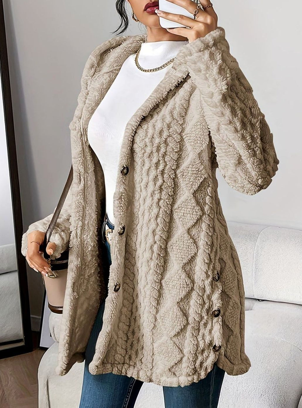 Johanna | Veste en peluche pour femmes avec capuche et boutons, mi-longue